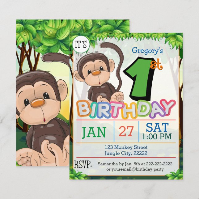 1er anniversaire Invitation au singe (Devant / Derrière)