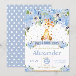 1er anniversaire Invitation Boy Giraffe Blue Flora
