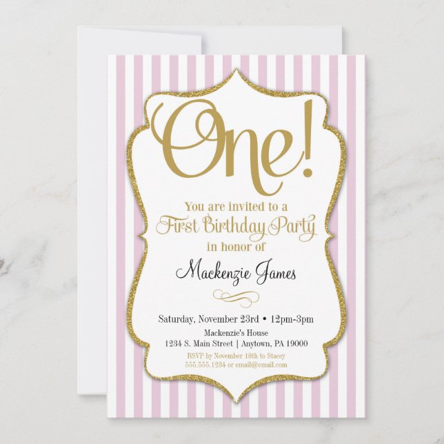 1er Anniversaire Invitation Girls First Pink Gold (Devant)