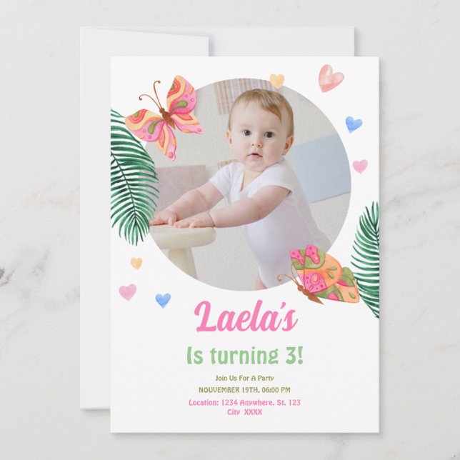 1er anniversaire Invitation papillon avec photo (Devant)