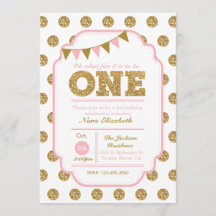 1er anniversaire Invitation - pois roses et or
