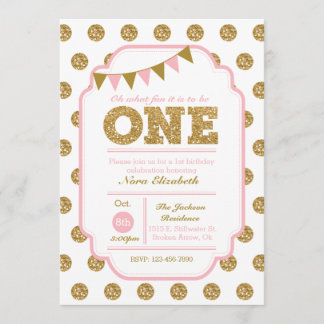 1er anniversaire Invitation - pois roses et or