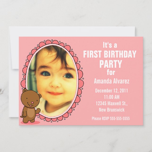 1er anniversaire Invitation - Teddy Bear Pink (Devant)