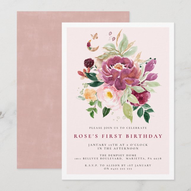 1er anniversaire Invitations | Bouquet safran  (Devant / Derrière)