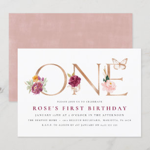 1er anniversaire Invitations  Papillon Rose safran