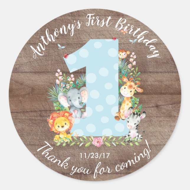 1er Anniversaire Jungle Animaux Favoriser Sticker (Devant)