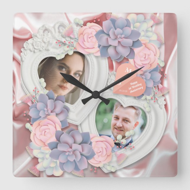 1er anniversaire Mariage horloge photo florale Vin (Recto)