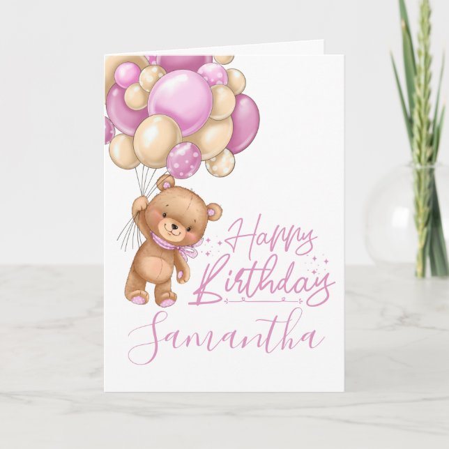 1er anniversaire mignon teddy rose ballon carte fi (Devant)