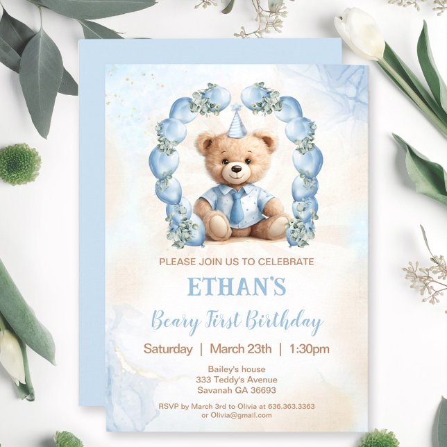 1er anniversaire Ours Bleu Ballons Invitation (1st Birthday Bear Blue Balloons Invitation)