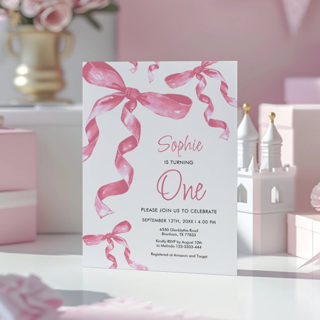 1er anniversaire Pink Bow Invitation (Créateur téléchargé)