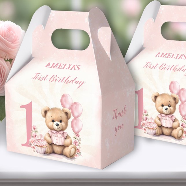 1er Anniversaire Pink Teddy Bear Numéro Ballotins (Bear Birthday Favor Boxes - You can choose from 3 sizes by clicking on the STYLE dropbox.)