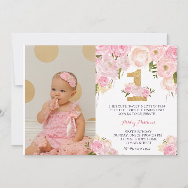 1ER anniversaire PREMIER BELLE Invitation Florale, (Devant)