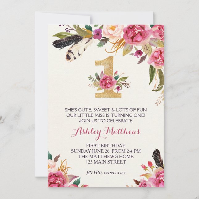 1ER anniversaire PREMIER BELLE Invitation Florale, (Devant)