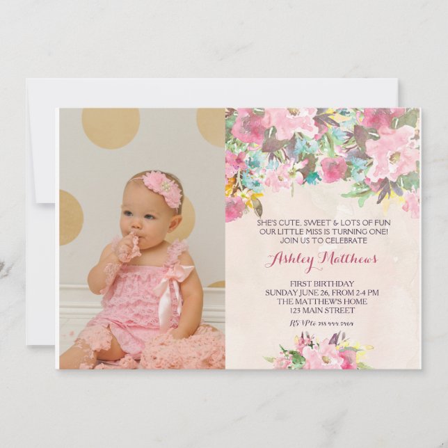 1ER anniversaire PREMIÈRE BELLE Invitation Florale (Devant)