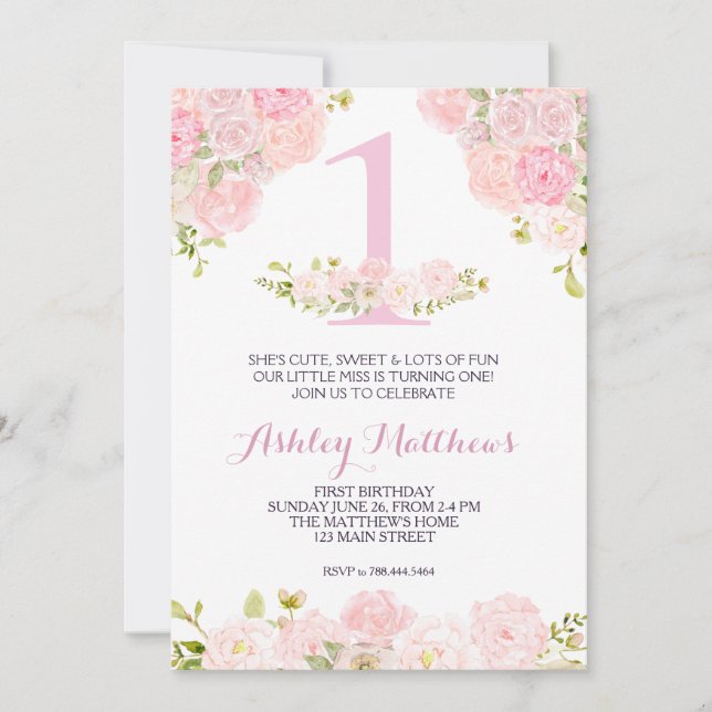 1ER anniversaire PREMIÈRE BELLE Invitation Florale (Devant)