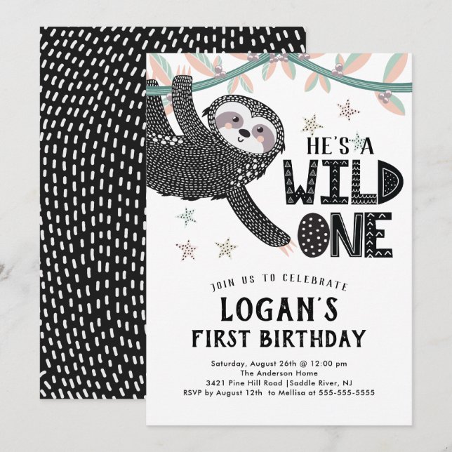 1er anniversaire Sloth Birthday Invitation (Devant / Derrière)