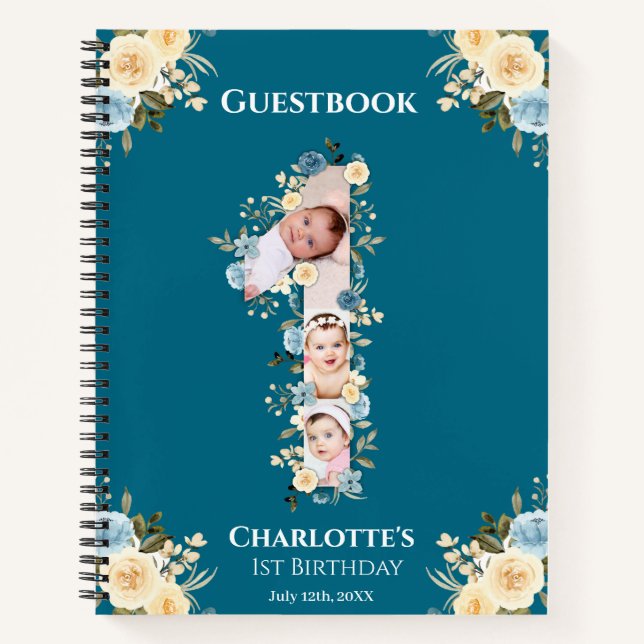 1er Anniversaire Turquoise Photo Fleur Jaune Livre (Devant)