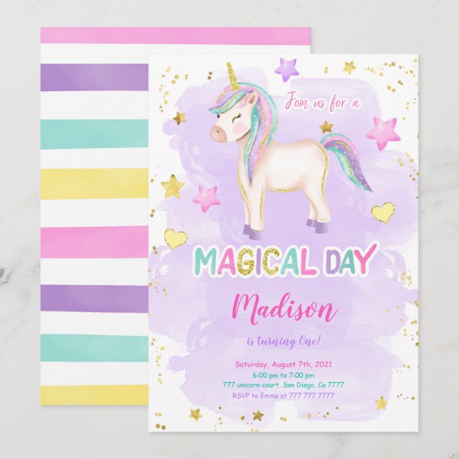 1er anniversaire Unicorn Invitation (Devant / Derrière)