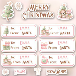 1er Noël Nom Étiquettes roses Stickers Kiss Cut