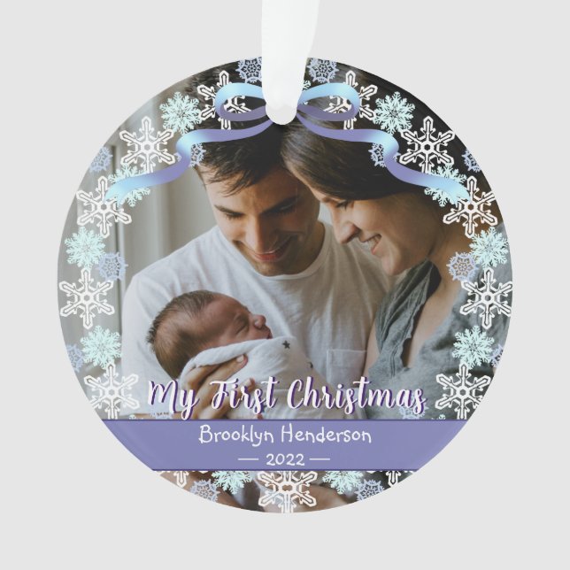 1er Noël Nouveau bébé Nom photo Bleu clair pourpre (devant)