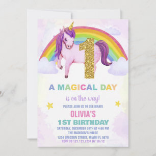 1er Rainbow Unicorn Anniversaire Invitations Cloud