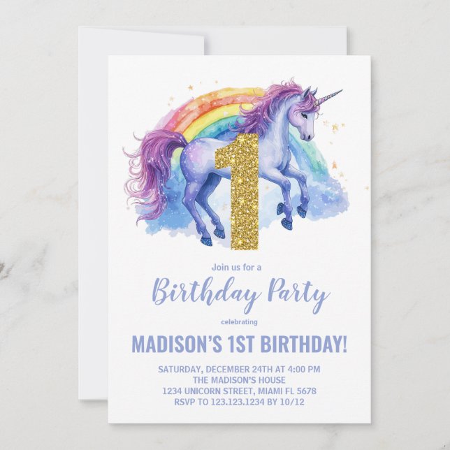 1er Rainbow Unicorn Invitations d'anniversaire (Devant)