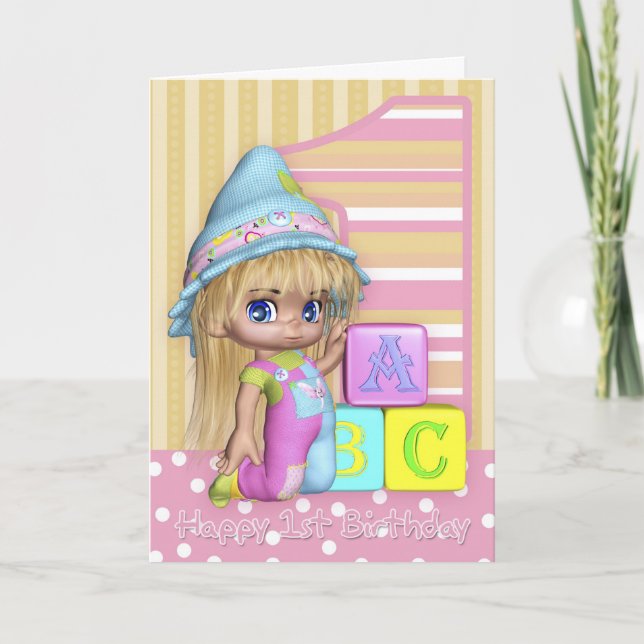 1ère Carte Anniversaire Avec Mignonne Petite Fille (Devant)