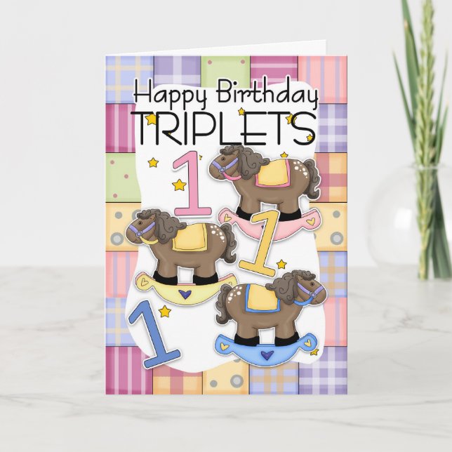1ère Carte Anniversaire Pour Triplets Avec Chevaux (Devant)