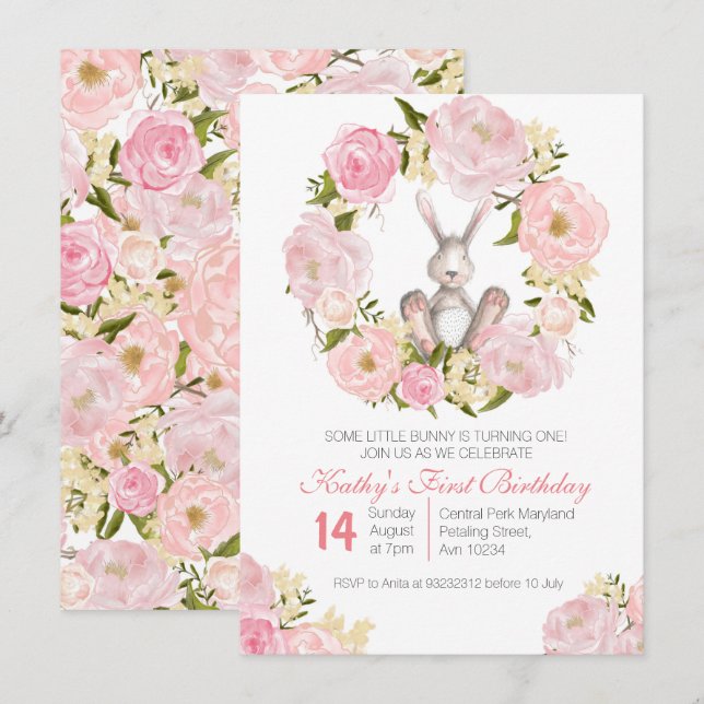 1ère carte d'invitation de lapin d'anniversaire (Devant / Derrière)