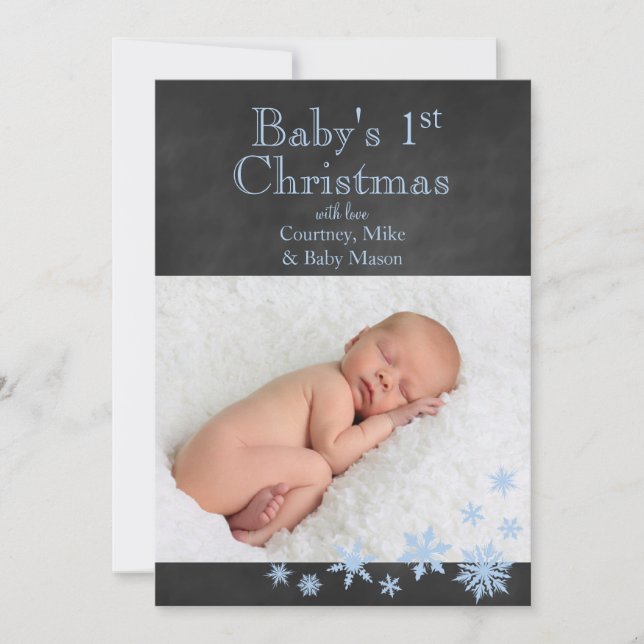 1ère carte photo de Noël de bébé en bleu (Devant)