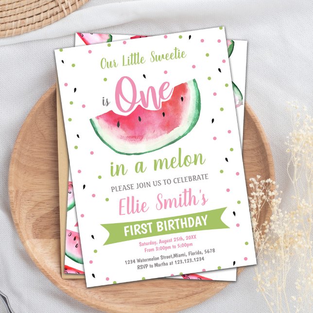 1ère carte Summer Girl Party (One Watermelon Birthday Invitations)