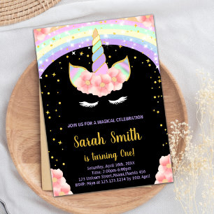 1ère Unicorne rose Invitations d'anniversaire