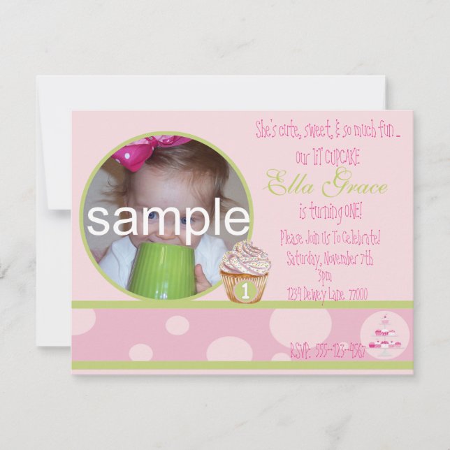 1re Invitation Cupcake d'anniversaire - rose&vert (Devant)