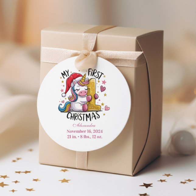 1st Baby Christmas  Pink Gold Unicorn Runder Aufkleber (Von Creator hochgeladen)