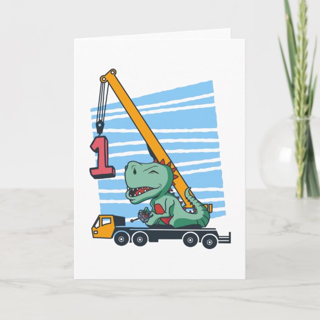 1st Birthday 1 year Mobile Crane Dinosaur Karte (Vorderseite)