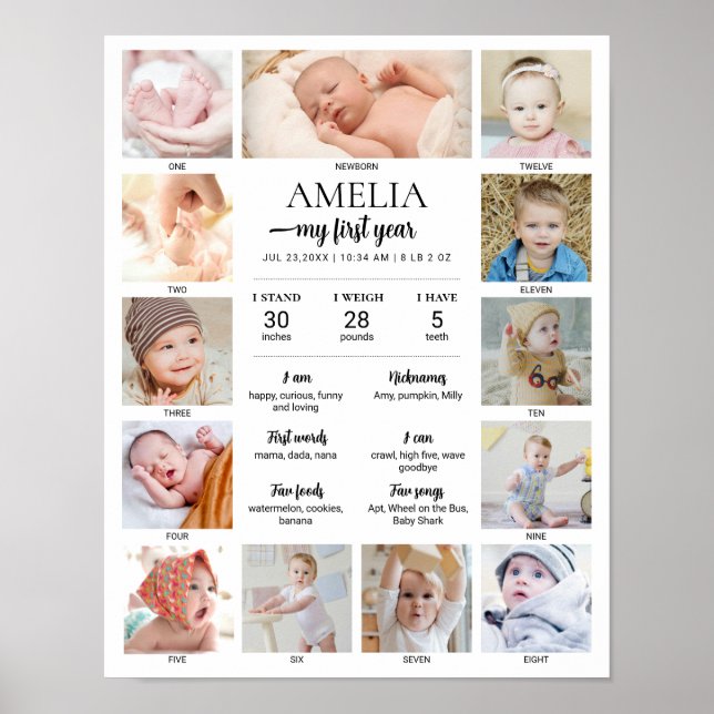 1st Birthday Baby Milestone Custom Photo Collage Poster (Vorne)