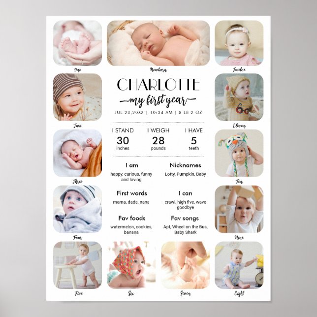 1st Birthday Baby Milestone Custom Picture Collage Poster (Vorne)