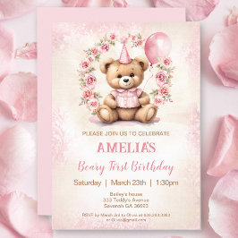 1st Birthday Bear Pink Roses Invitation Einladung