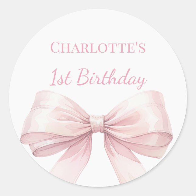 1st Birthday Bow Blush Pink Girl Runder Aufkleber (Vorderseite)