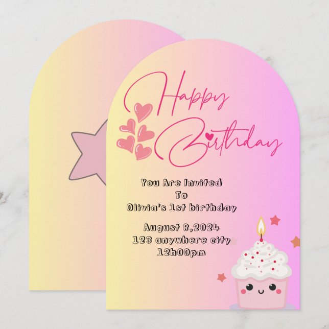 1st birthday girls invitation in pink  (Devant / Derrière)