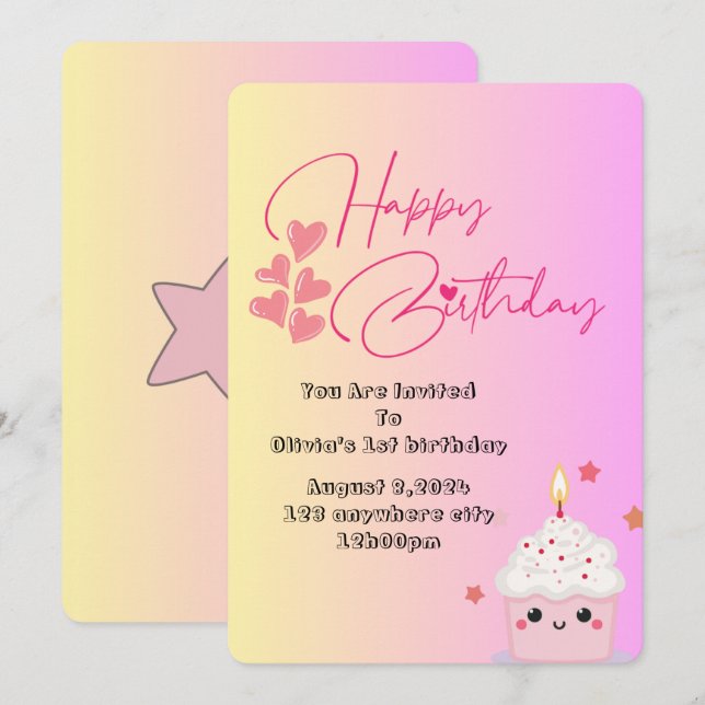 1st birthday girls invitation in pink  einladung (Vorne/Hinten)