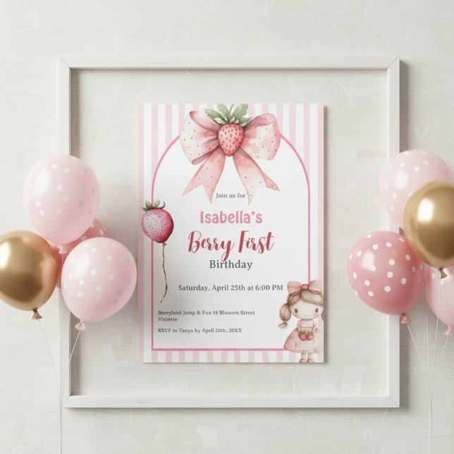 1st Birthday Invitation Berry First Strawberry Einladung (Berry first strawberry 1st birthday invitation with pink cute fruit theme)