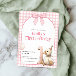1st Birthday Invitation Gingham Duck Theme Kaart Einladung