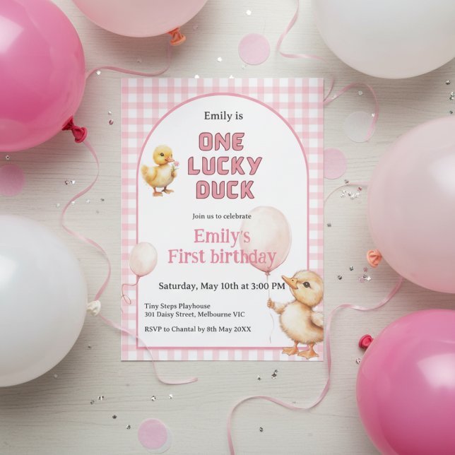 1st Birthday Invitation One Lucky Duck Theme Einladung (One Lucky Duck 1st birthday invitation with watercolor ducklings and pink gingham design)