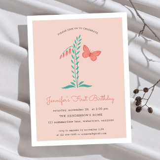 1st Birthday Party Floral Botanical Butterfly Einladungspostkarte