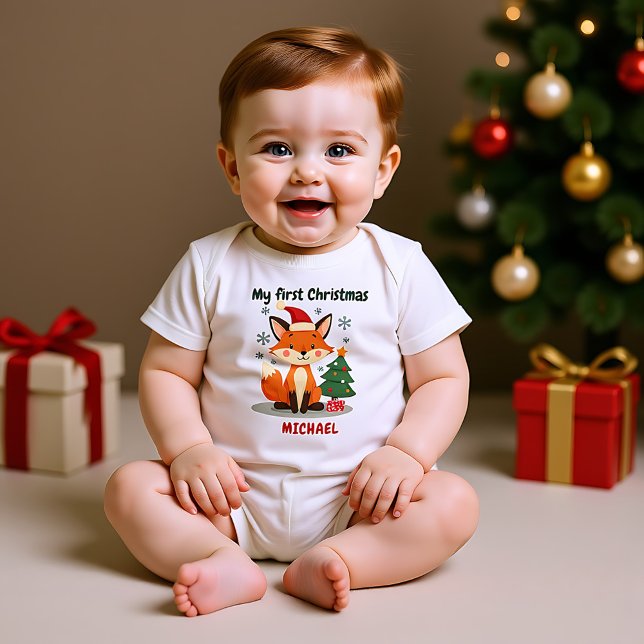 🎄1st Christmas, custom text, Festive Fox Trot Baby Strampler (1st Christmas, custom text, Festive Fox Trot Baby Bodysuit)