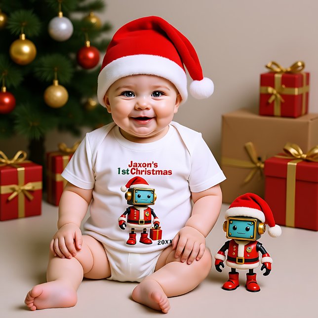 🎄1st Christmas, custom text, Santa-Bot Sleighs Baby Strampler (🎄1st Christmas, custom text, Santa-Bot Sleighs Baby Bodysuit)