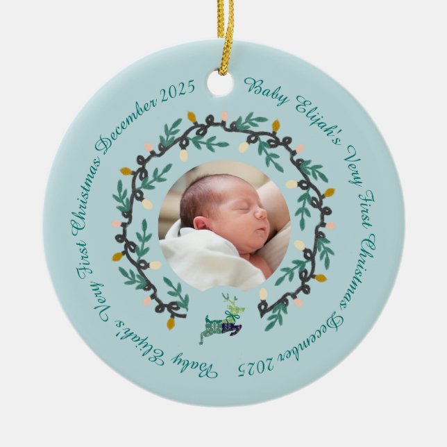 1st Christmas Deer with Wreath Teal2 Keramik Ornament (Vorne)