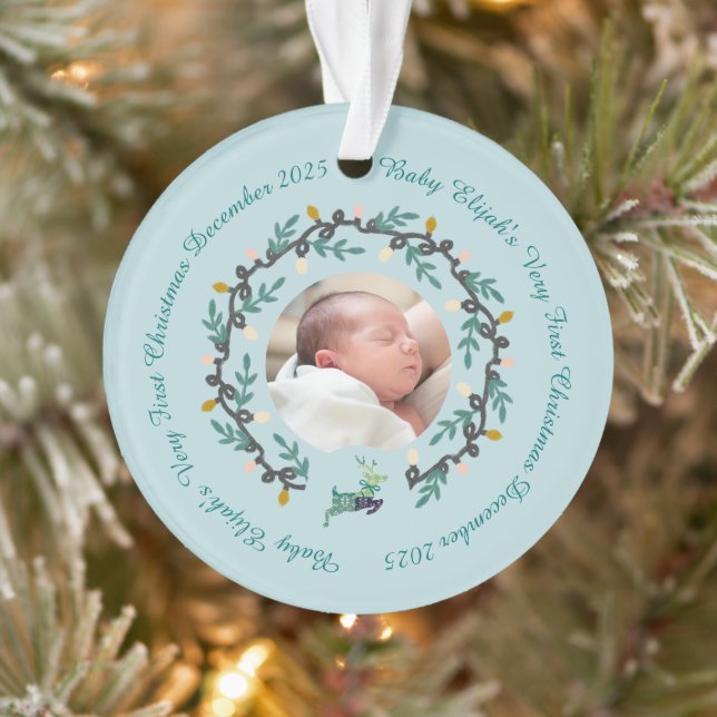 1st Christmas Deer with Wreath Teal Acrylic Ornament (Baum)