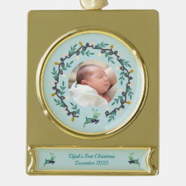1st Christmas Deer with Wreath Teal Banner-Ornament Gold